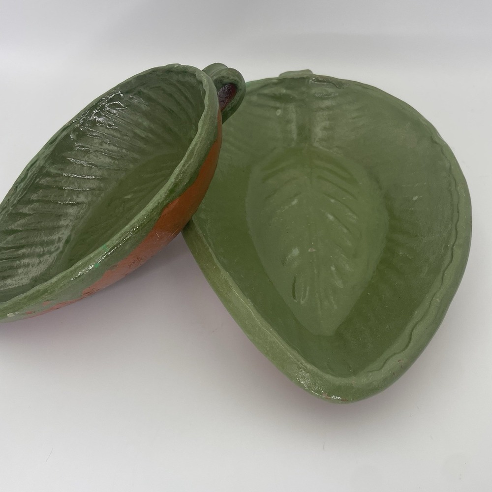 Vintage Green Leaf Redware Nesting Bowls Set of 2 Patamban Michoacan Mexico